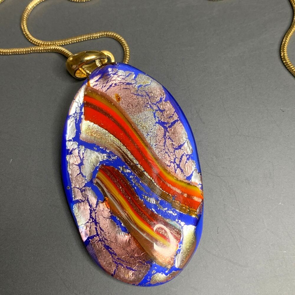 Original Murano Glass Oval Drop Pendant Necklace Dark Blue